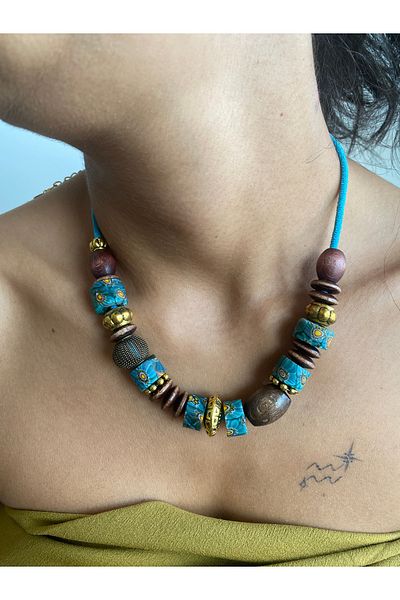 dela otantik Handmade Bohemian Multicolor Wooden Beaded Necklace – Authentic Ethnic and Flashy Design Bijoux Jewelry