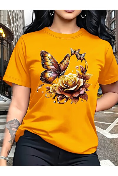 GALASHOP Kadınlar için özel kelebek Çiçeği Grafikli T-Shirt
