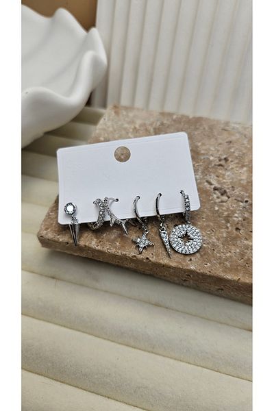 AURA Silver Color 6Pcs Northern Star Earrings Set with Zircon Stone