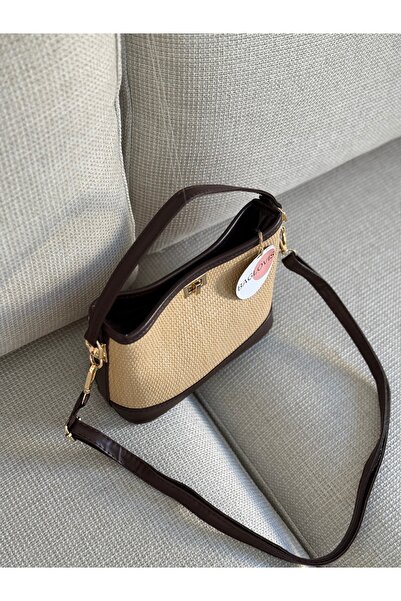 BAGLOVİS Wicker Leather Detailed Women's Black Handbag with Lock on the Front with Compartments En23 Boy15