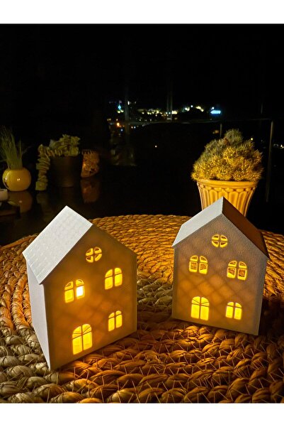 Root Made 2li Kış Evleri Tealight Mumluk Balkon Süsü Kahve Sunumluk Ev Dekor Tavşan Hediyeli Minik Evler