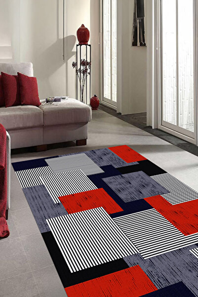 Modern Living Room Rug with Digital Printed Washable and Non-Slip Base Striped Square Motif