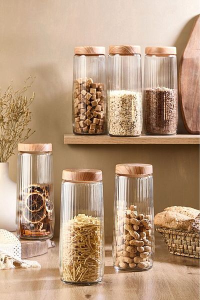 ARV HOME 3 Pieces 1.5 Liter Mega Size Bamboo Lid Look Striped Jar Set 1500 ml