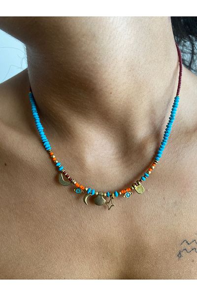 dela otantik Handmade Bohemian Style Charm Necklace – Authentic Ethnic Vintage Beaded Stone Colorful Bijoux Jewelry