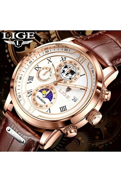 Lige Leather Strap Luxury Men's Wrist Watch Original