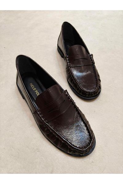 diclepolat Lucy Women's Brown Wrinkled Patent Leather Loafer Saddle Detailed Comfortable Daily Shoes