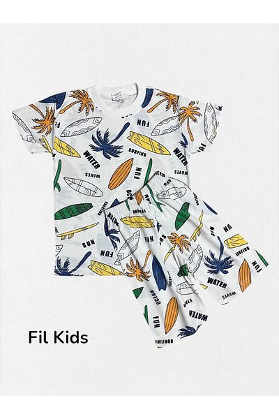 Fil Kids Boys' Cotton White Surfing Palm Print Crew Neck Short Sleeve Shorts Summer Pajamas Set