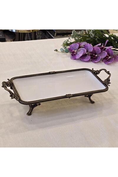 AlyaHomeAksesuar Metal Framed Rectangular Porcelain Serving Plate 30X15 cm Antique