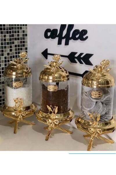 AZADE BAKIR GOLD PİRİNÇ JAPONGÜL AYAKLI LÜX KAVANOZ 3’LÜ SET