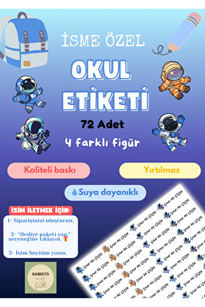 Handeto Kraft 72 Adet Astronot Temalı Kişiye Özel Okul Etiketi İsim Yazılabil...