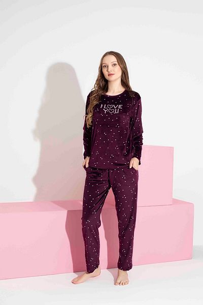 Mine style Velvet-Burgundy Heart Patterned I Lavo Yuo Injection Printed Winter French Velvet Pajamas Set