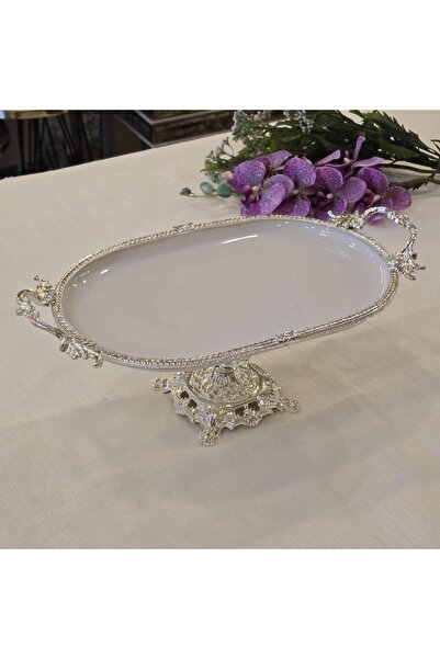 AlyaHomeAksesuar Metal Framed Casting Footed Oval Porcelain Serving Plate 30X16 cm Silver