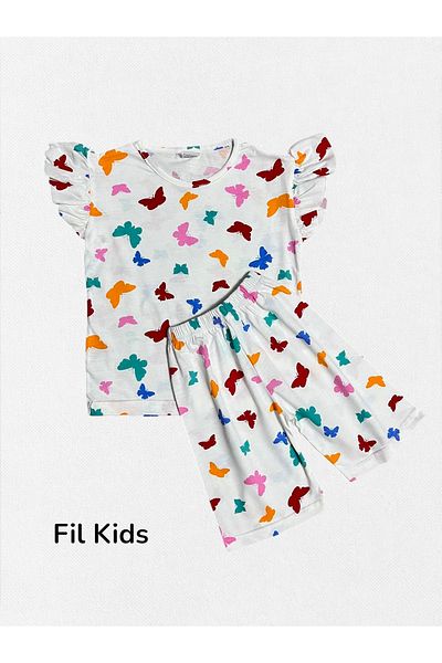 Fil Kids Girls' Cotton White Colorful Butterflies Patterned Short Sleeve Shorts Summer Pajama Set