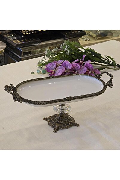 AlyaHomeAksesuar Metal Framed Casting Footed Oval Porcelain Serving Plate 30X16 cm Antique