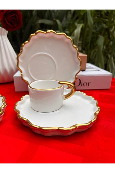 MAMALİZA Gold Gilded Set of 6 Ceramic Coffee Cups 90 Ml. Set of Presentation Coffee Cups.