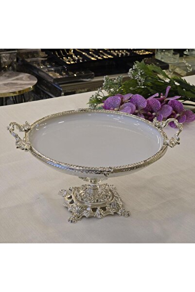 alya home aksesuar Round Porcelain Serving Plate with Metal Frame and Casting...