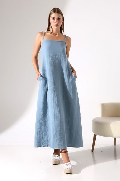 Dreamlike 100% Cotton Muslin Strap Pocket a Form Summer Dress
