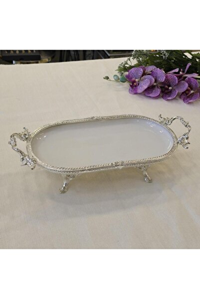 AlyaHomeAksesuar Metal Framed Oval Porcelain Serving Plate 30X16 Silver