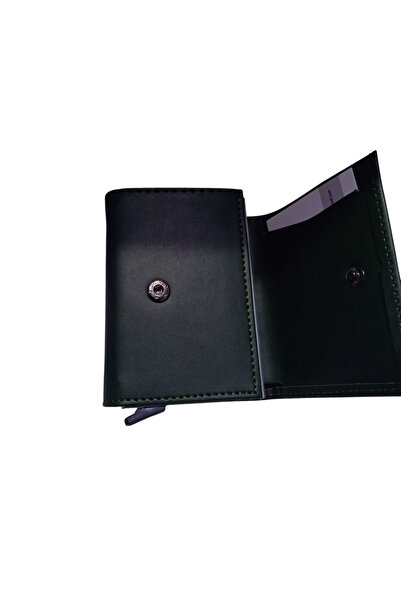 ENGIN Unisex Green Vegan Faux Leather Wallet Card Holder with Coin Compartment and Slide Mechanism