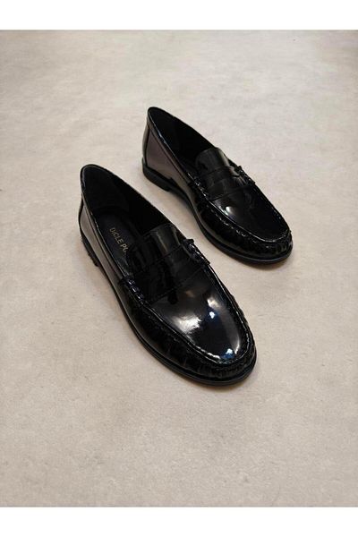 diclepolat Lucy Women's Black Patent Leather Loafer Saddle Detailed Comfortable Daily Shoes