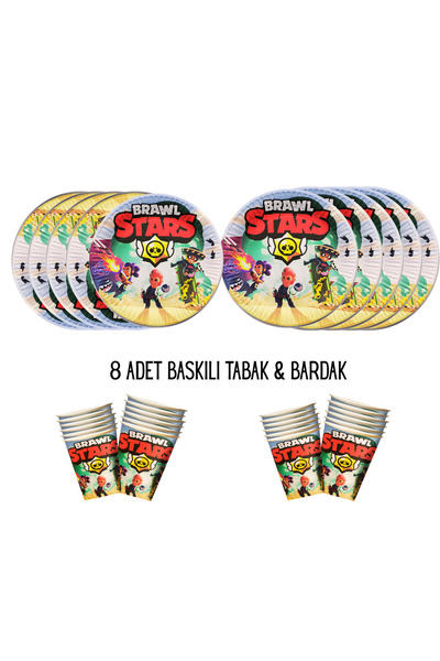 HAPPYLOOPPARTY Brawl Stars Tema Uyumlu Baskılı 8 Kişilik Tabak,Bardak Set
