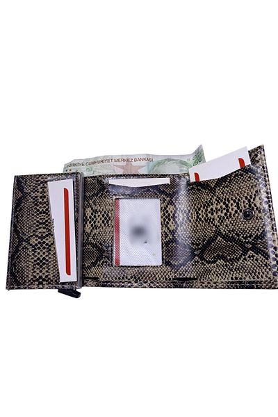 ENGIN Unisex Snakeskin Vegan Faux Leather Wallet Card Holder with Coin Compartment and Slide Mechanism