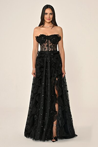 ALFABETA KADIN ABİYE STRAPLEZ KORSE TRANSPARAN TÜL DETAYLI ÇİÇEK DETAYLI ELBİSE