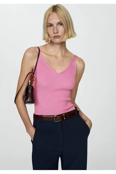 GÜNEŞTEKS Corded Fabric v neck pink knitwear with straps