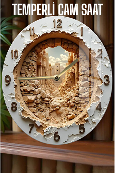 kutuTR Şık ve Dayanıklı Taş Duvar Tasarım 3D Görünümlü Temperli Cam Saat – 33 cm CSDW077