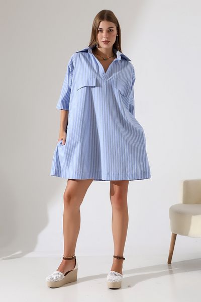 Dreamlike 100% Cotton Blue Striped a Form 4/3 Sleeve Poplin Shirt Dress