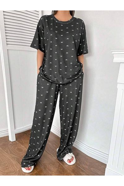 BLACK Women's Pajama Set – Black, Short Sleeve, Long Leg, Bow Pattern (Comfortable Fit)