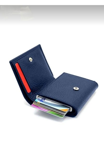 ENGIN Unisex Navy Blue Vegan Faux Leather Wallet Card Holder with Coin Compartment and Slide Mechanism
