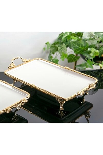 AlyaHomeAksesuar Rectangular Porcelain Serving Plate with Metal Frame 35X26 cm