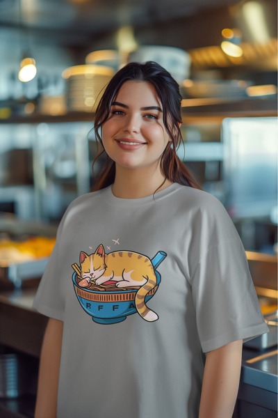 ArtYus تي شيرت بأكمام قصيرة ورقبة دائرية مطبوع عليه سوشي كات للبنات/النساء