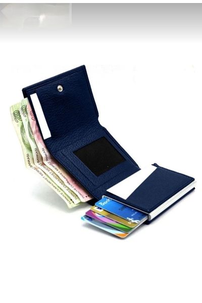ENGIN Unisex Navy Blue Vegan Faux Leather Wallet Card Holder with Coin Compartment and Slide Mechanism