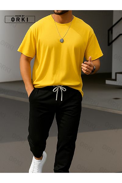 EFFRENATU Power Fit – Oversize Yellow T-Shirt & Black Pants Jogger Tracksuit Set