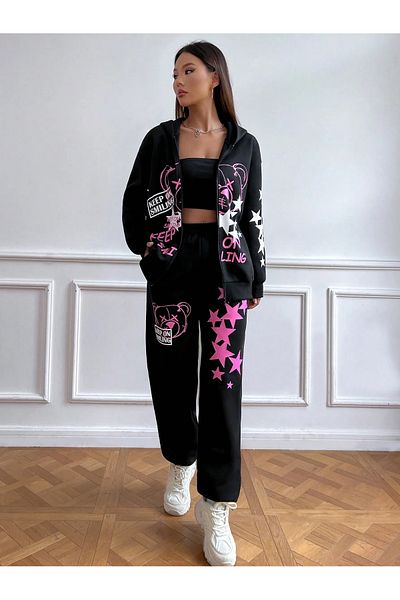 macklin Unisex Men's Women's Keep on Smiling Printed Oversize 3 Thread Hooded Tracksuit Set
