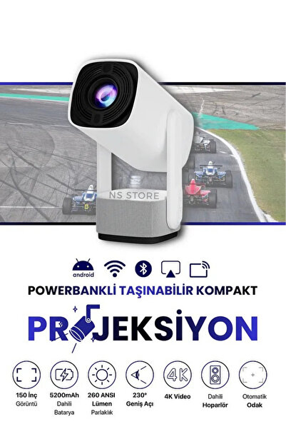 NS Store K2 Bataryalı Taşınabilir Projeksiyon Cihazı 4K Destekli 1080P Android Projektör