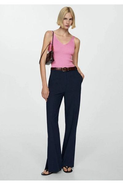 GÜNEŞTEKS Corded Fabric v neck pink knitwear with straps