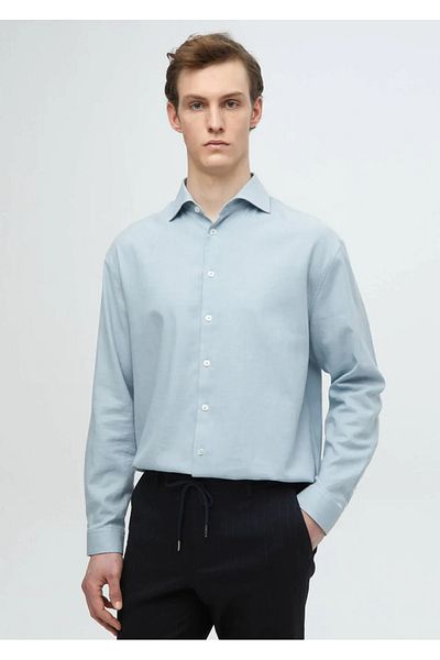 Ramsey Blue Plain Woven Casual Wool Blend Shirt