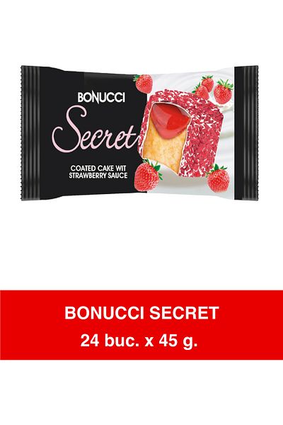 Bonucci SECRET – Cake with white frosting and strawberry sauce 45g x 24 pieces
