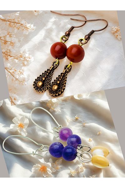 ayrestyle Jasper & Amethyst Natural Stone 2-Piece Earring Set, Authentic Natural Stone Women's Earrings with Dangle