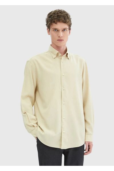 Ramsey Beige Plain Woven Casual Wool Blend Shirt