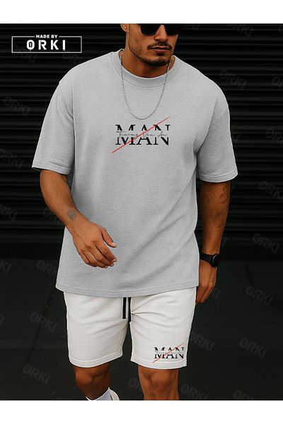 EFFRENATU Orki Man Printed – Oversize Men's Gray T-Shirt & White Shorts Set
