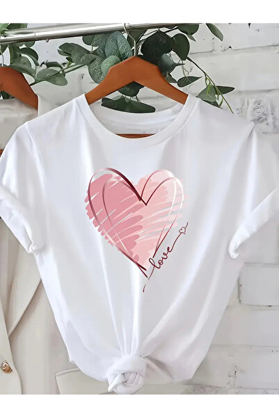 İSMTEXS تي شيرت من القطن الممشط مطبوع عليه رسومات Love Heart بأكمام قصيرة للج...