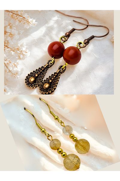ayrestyle Jasper & Citrine Natural Stone 2-Piece Earring Set, Authentic Natural Stone Women's Earrings with Dangle