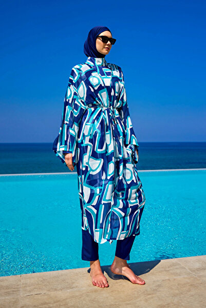 A Andalus Lacivert Tam Boy Tül Pareo Kaftan RP2513