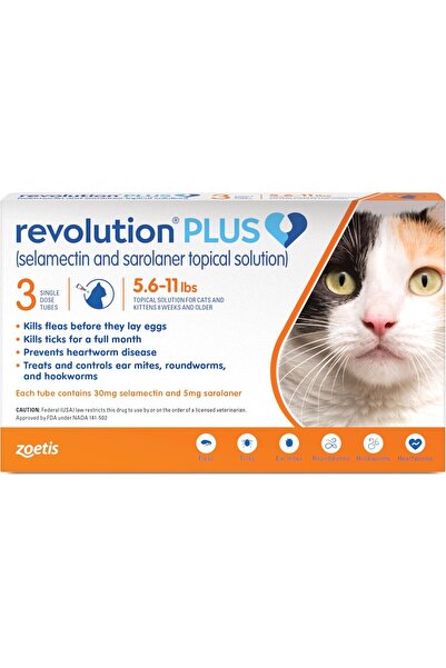ZOETİS Revolution Plus (selamectin and sarolaner Topical Solution) for Cats, 5.6-11 lbs (Orange), 3 Tubes