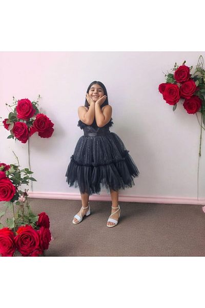 Ahsenimbebe Bust Ruffle Paillettes Short Girl's Evening Dress