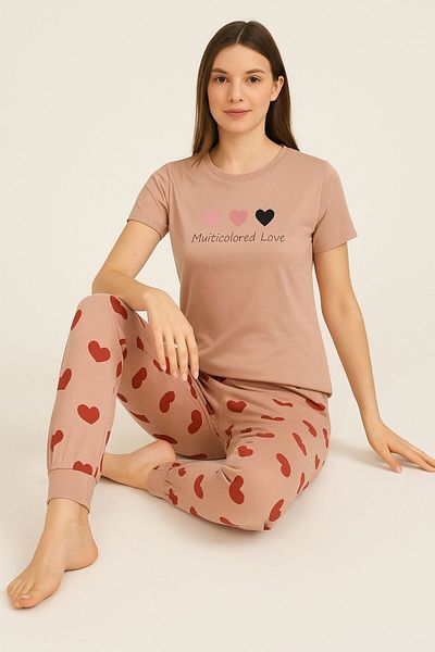 FAMES PİJAMA Summer Short Sleeve Heart Pattern Pajama Set